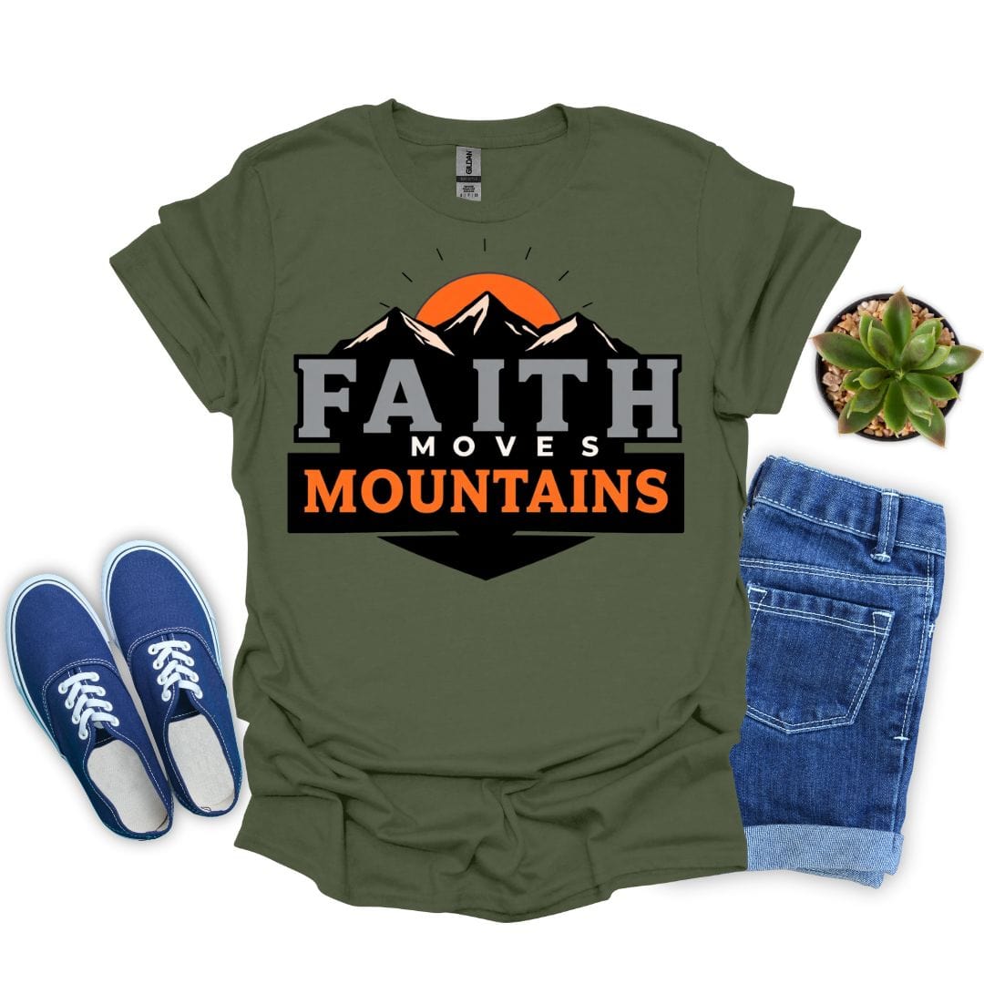 Military Green t-shirt with 'Faith Moves Mountains' graphic, blue sneakers, denim shorts, and a plant on a white background