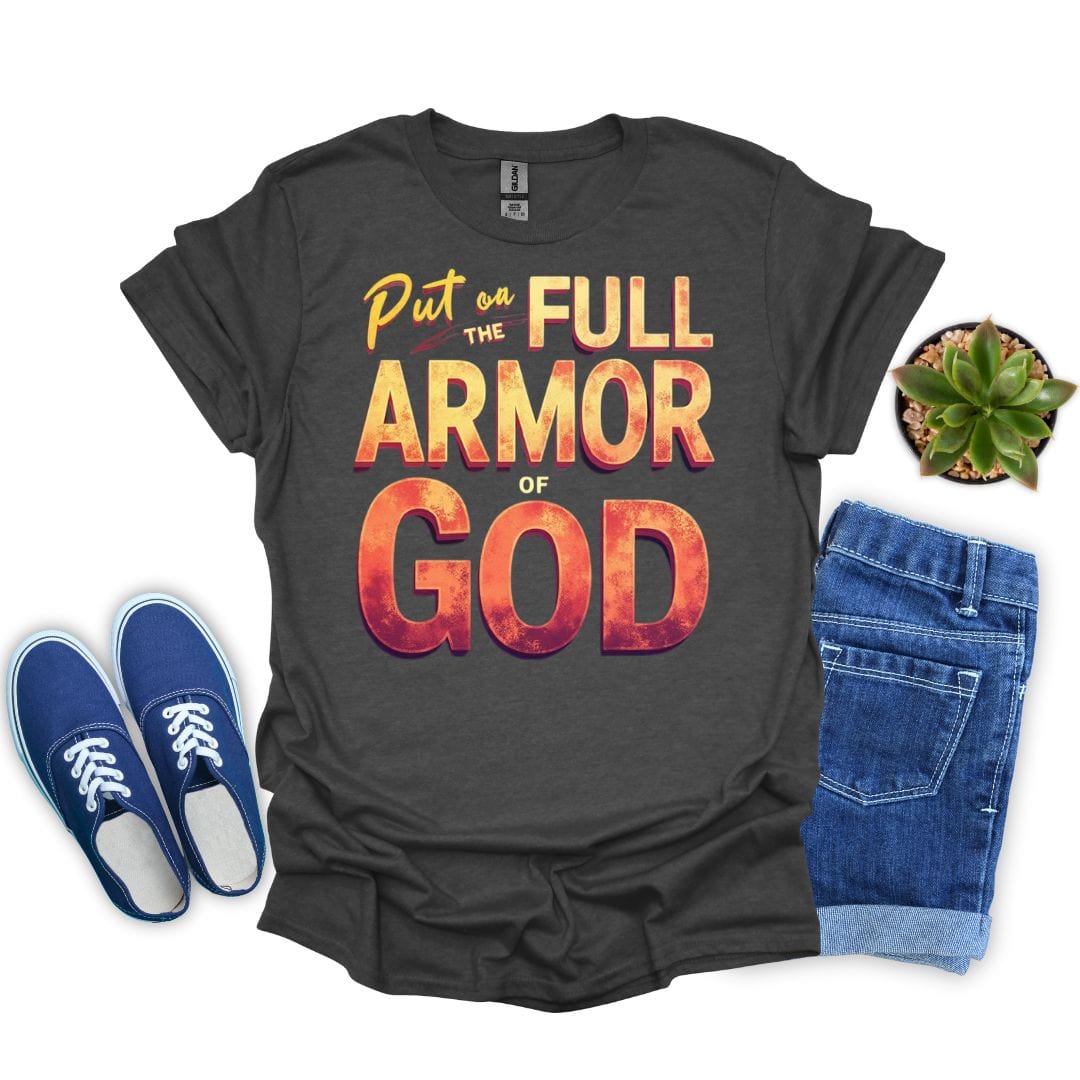 Dark heather t-shirt with 'Put on the Full Armor of God' text, blue sneakers, and jeans on a white background