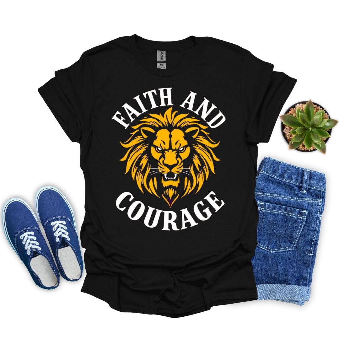 Black t-shirt with yellow lion graphic and 'Faith and Courage' text, paired with blue sneakers and jeans on a white background.