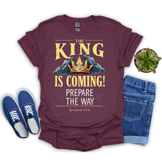 Heather maroon unisex Christian tee with golden crown, clouds, and “Prepare the Way” message from Revelation