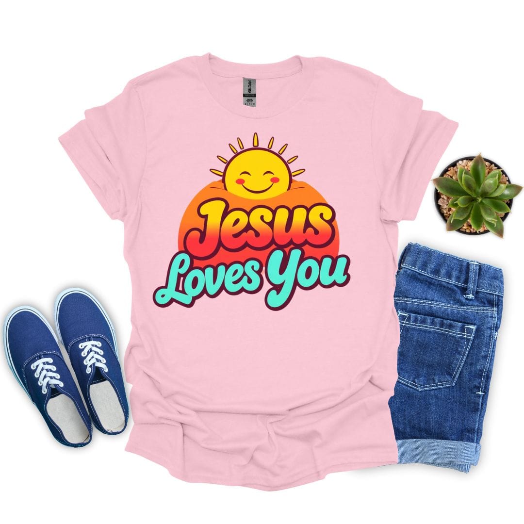 Pink t-shirt with 'Jesus Loves You' design, blue sneakers, denim shorts, and a plant on a white background