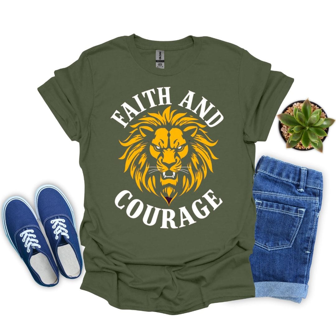 Military green t-shirt with lion graphic and 'Faith and Courage' text, paired with blue sneakers and shorts on a white background.