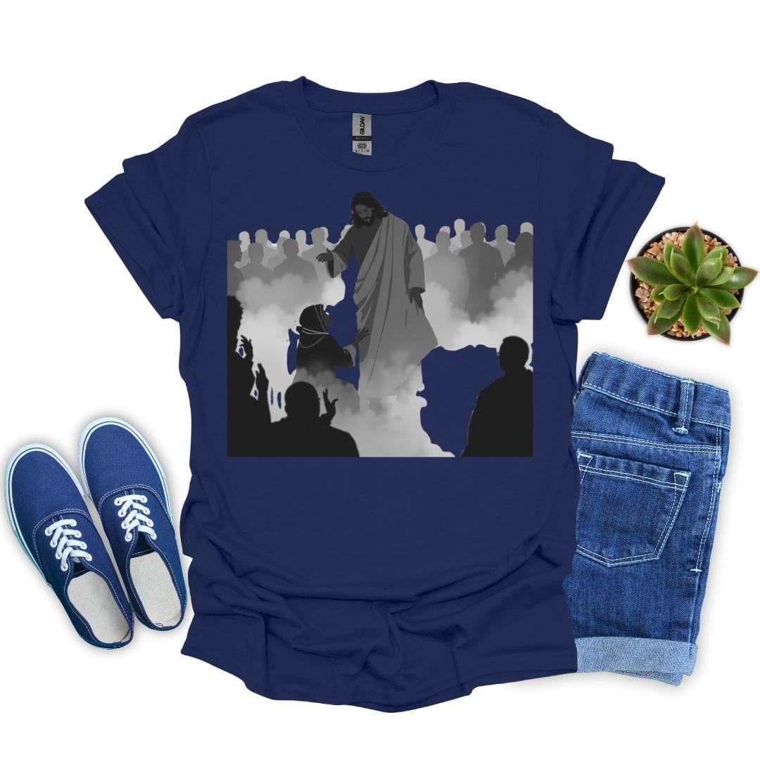 Navy Christian shirt with biblical silhouette scene of Jesus and the woman