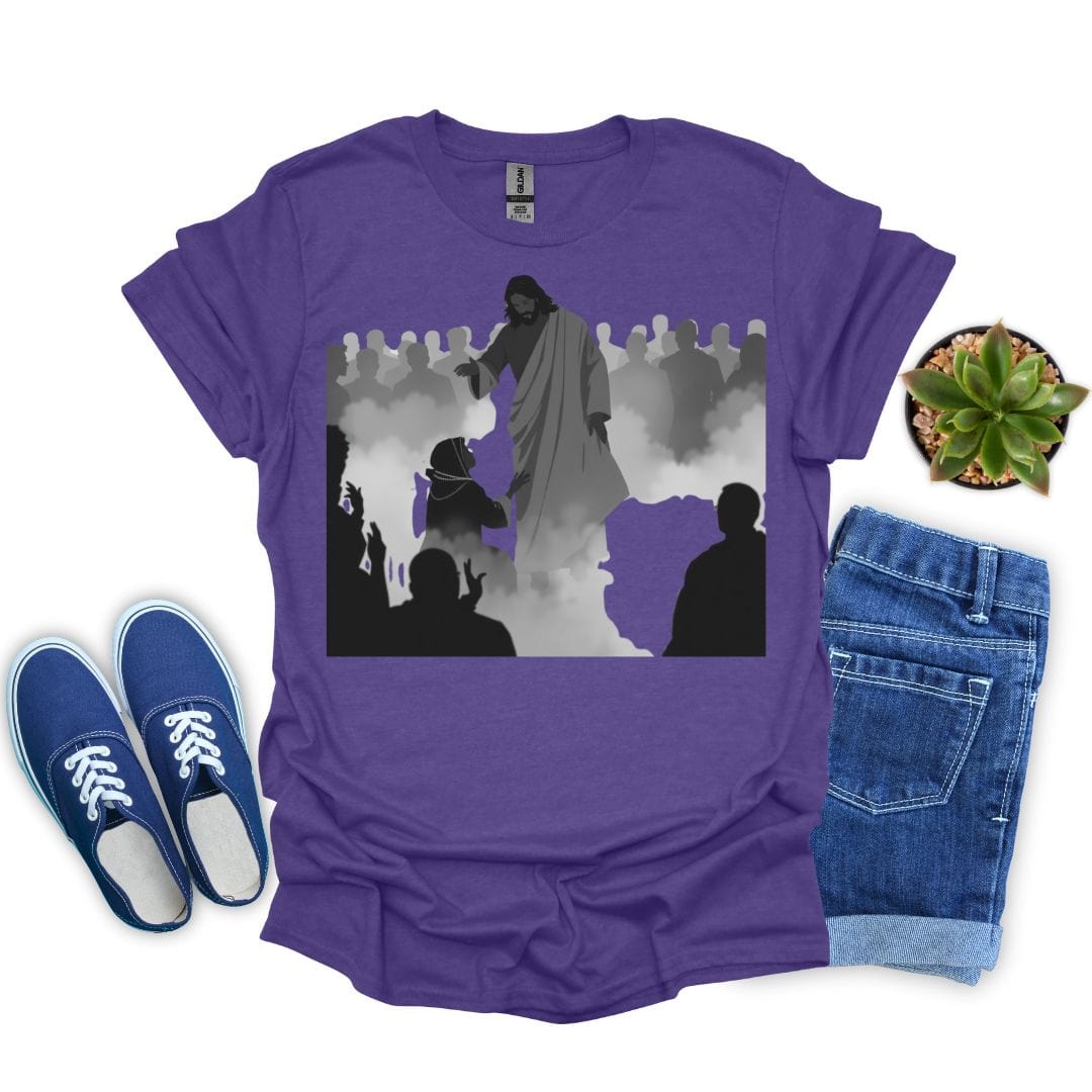 Purple Christian shirt with misty scene of Jesus and woman who believed