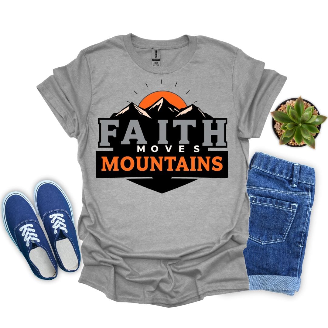 Sport gray t-shirt with 'Faith Moves Mountains' design, blue sneakers, and denim shorts on a white background.