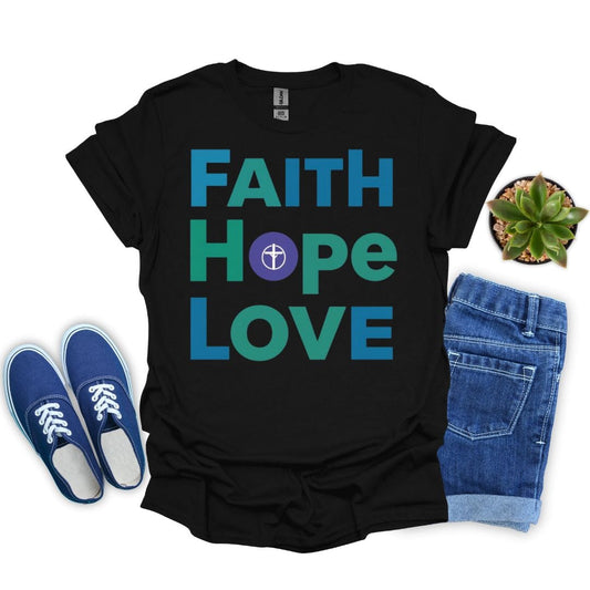 Faith, Hope and Love in Bold Green T-Shirt