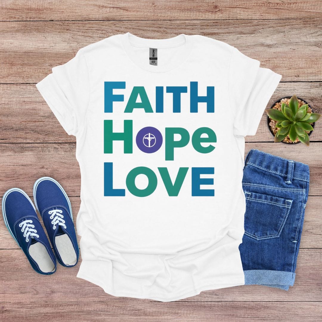 Faith, Hope and Love in Bold Green T-Shirt