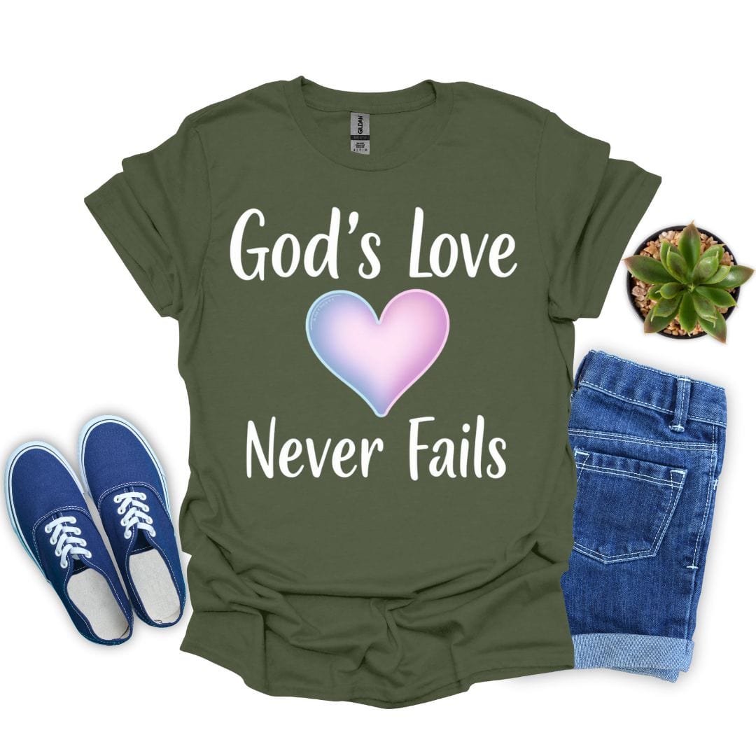 God's Love Never Fails With Heart T-Shirt