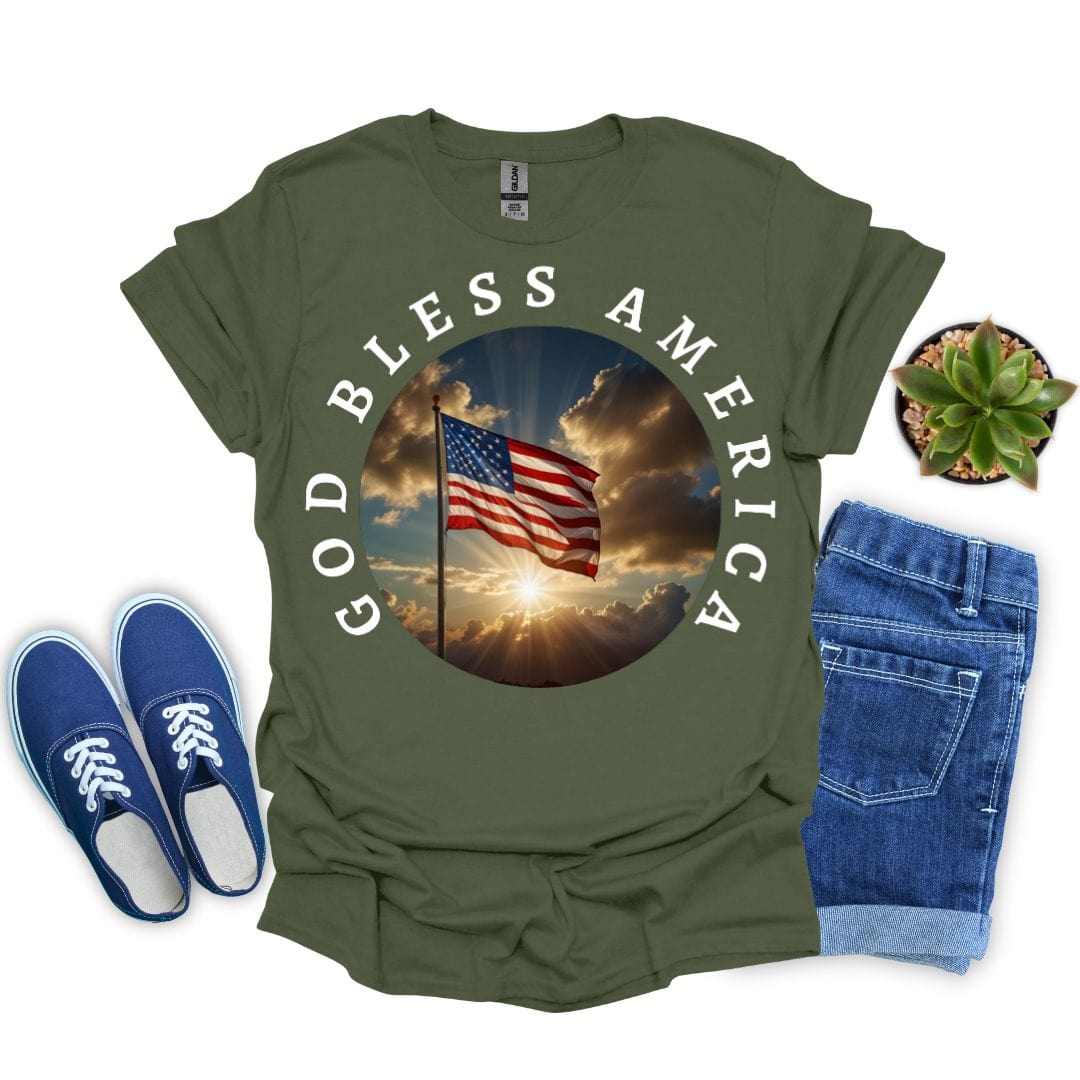 American Flag With Black Background and "God Bless" T-Shirt
