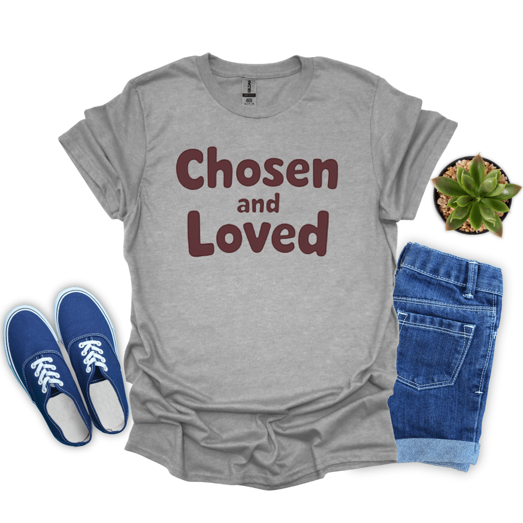 Sport Gray t-shirt with 'Chosen and Loved' text, blue sneakers, and denim shorts on a white background.
