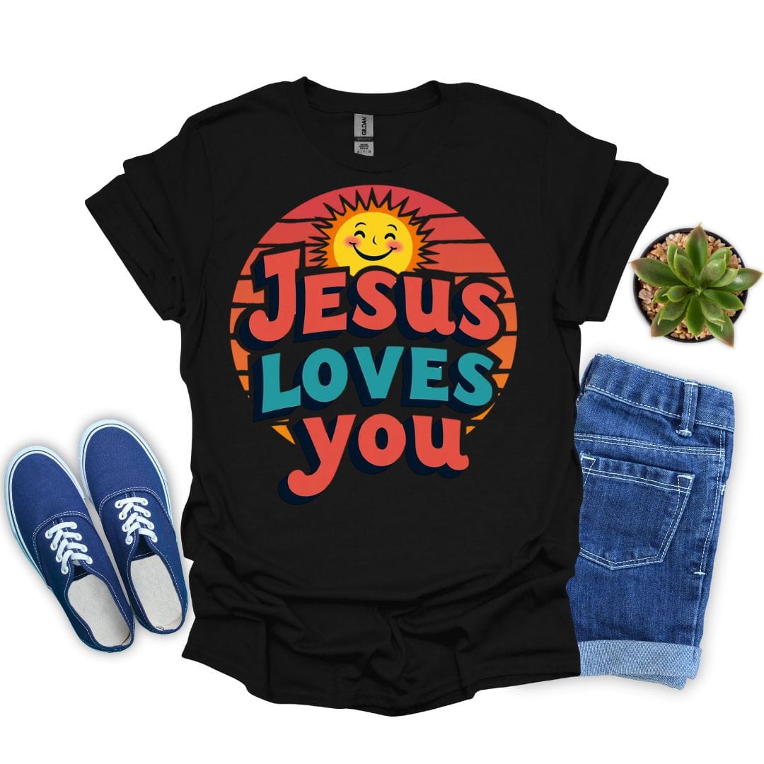 Black t-shirt with 'Jesus Loves You' design, blue sneakers, jeans, and a plant on a white background