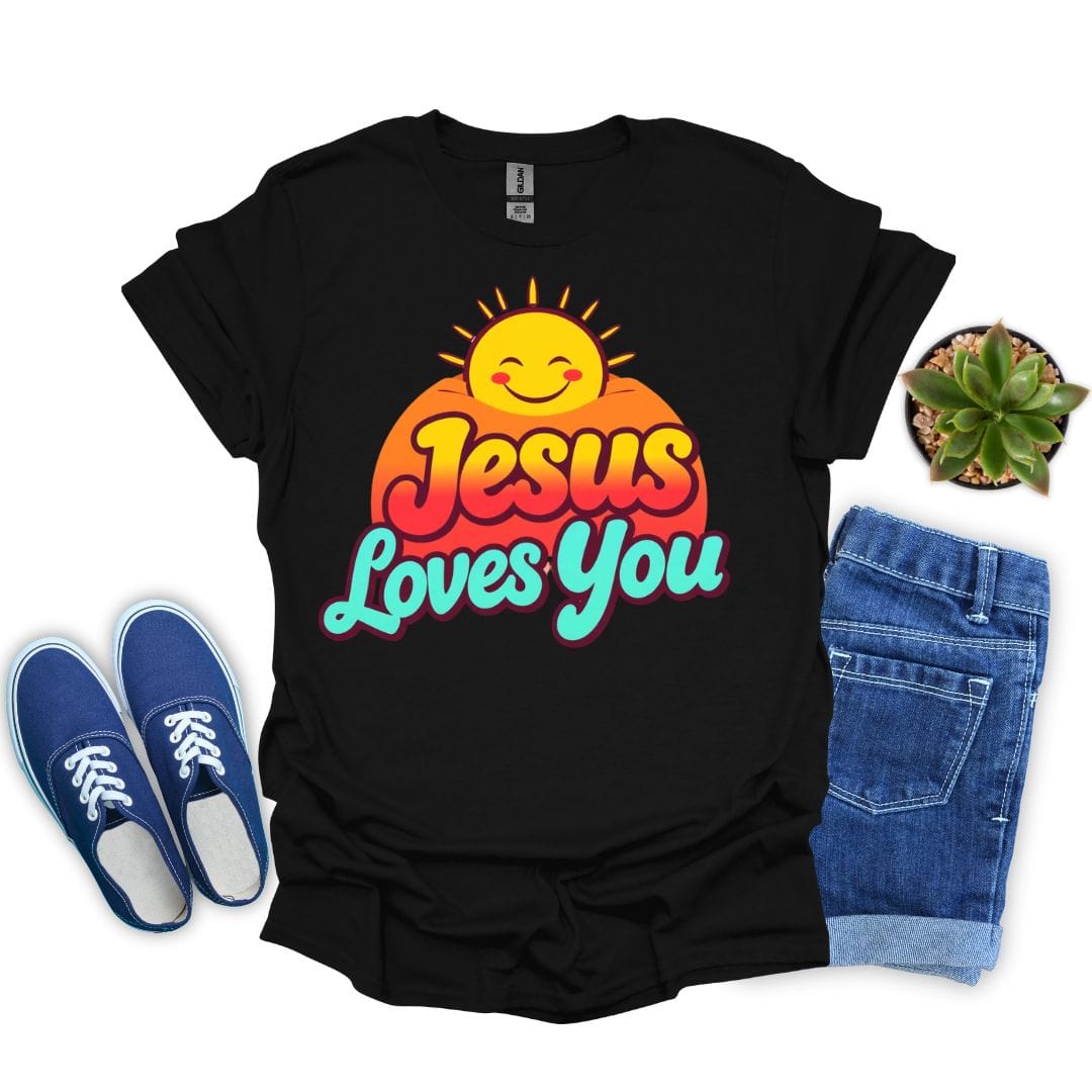 Black t-shirt with 'Jesus Loves You' design, blue sneakers, denim shorts, and a plant on a white background