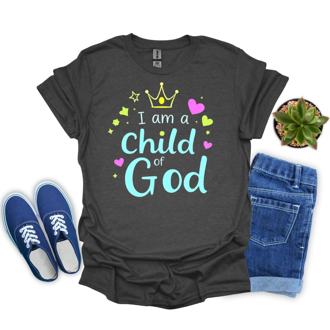 Dark heather t-shirt with 'I am a Child of God' text, blue sneakers, and jeans on a white background