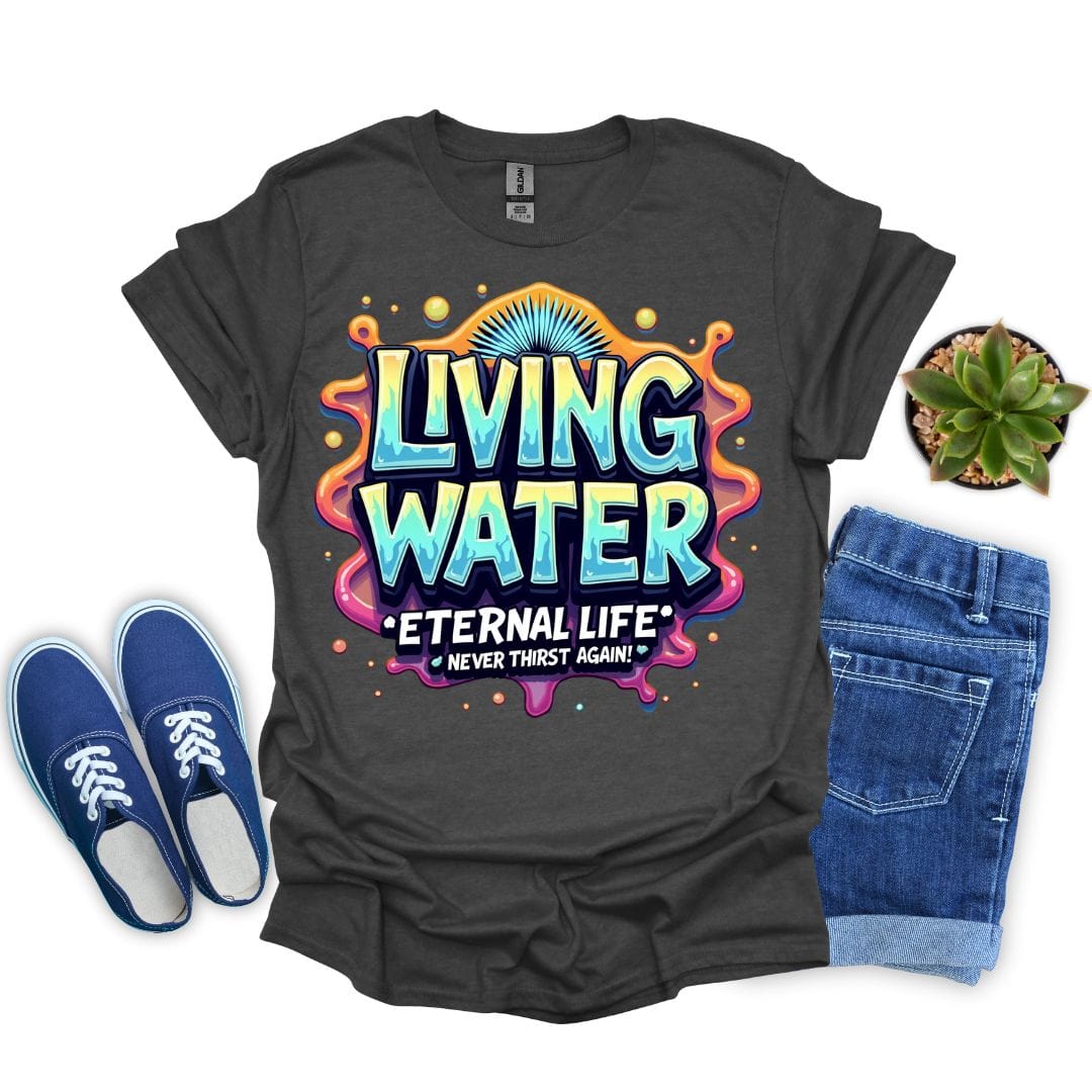 Dark heather t-shirt with colorful 'Living Water' graphic, blue sneakers, and jeans on a white background