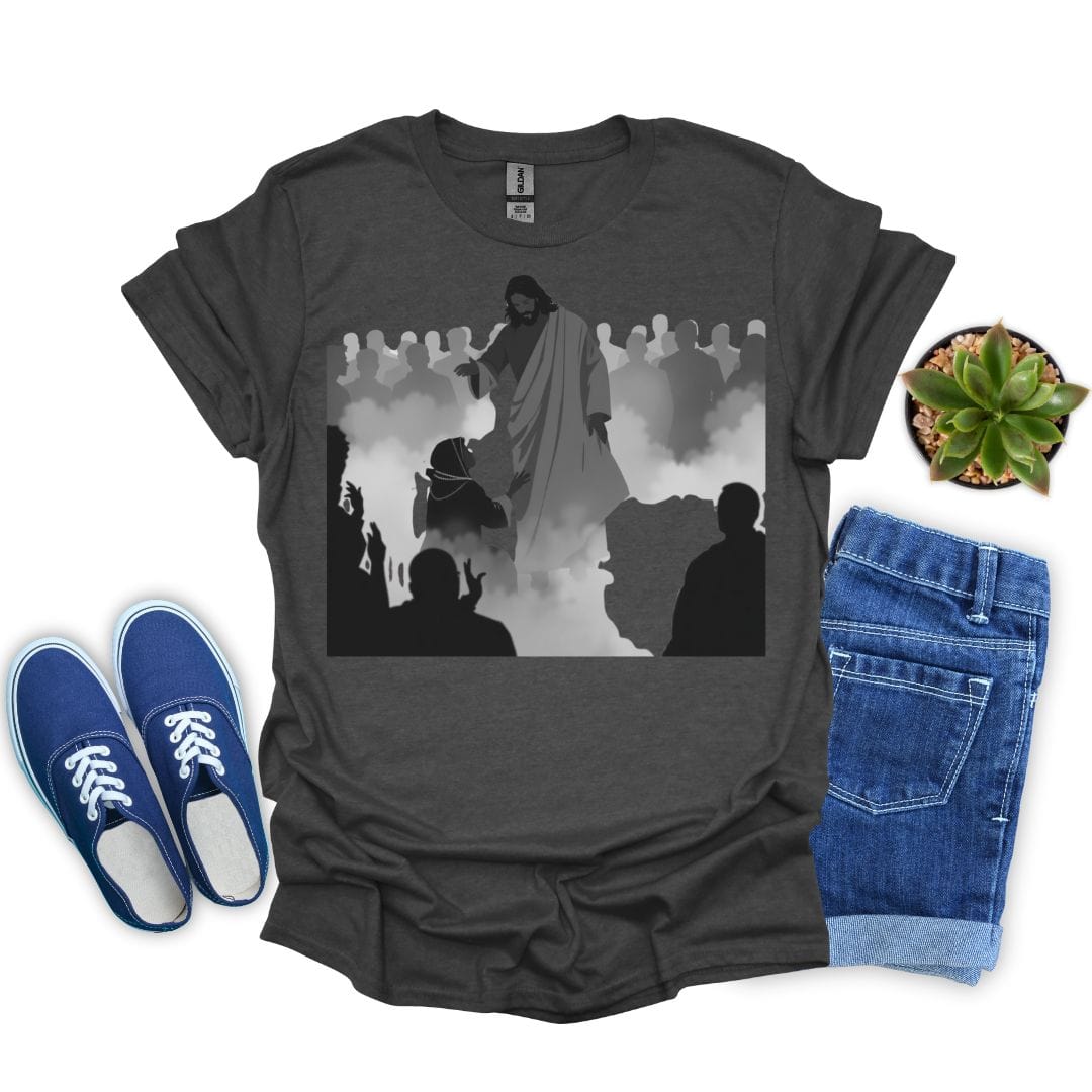 Dark heather unisex tee with powerful silhouette artwork of Jesus and woman