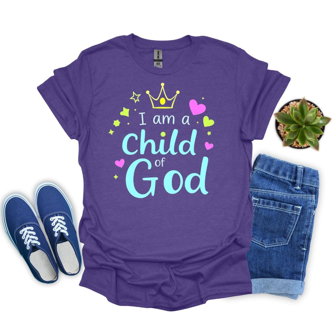 heather purple t-shirt with 'I am a Child of God' text, blue sneakers, and jeans on a white background