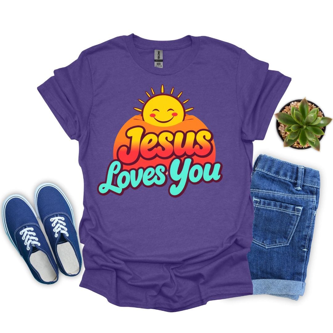 Heather purple t-shirt with 'Jesus Loves You' design, blue sneakers, denim shorts, and a small plant on a white background.