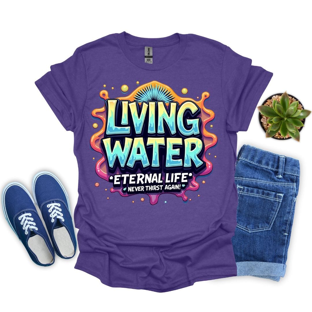 Heather purple t-shirt with colorful text, blue sneakers, and jeans on a white background