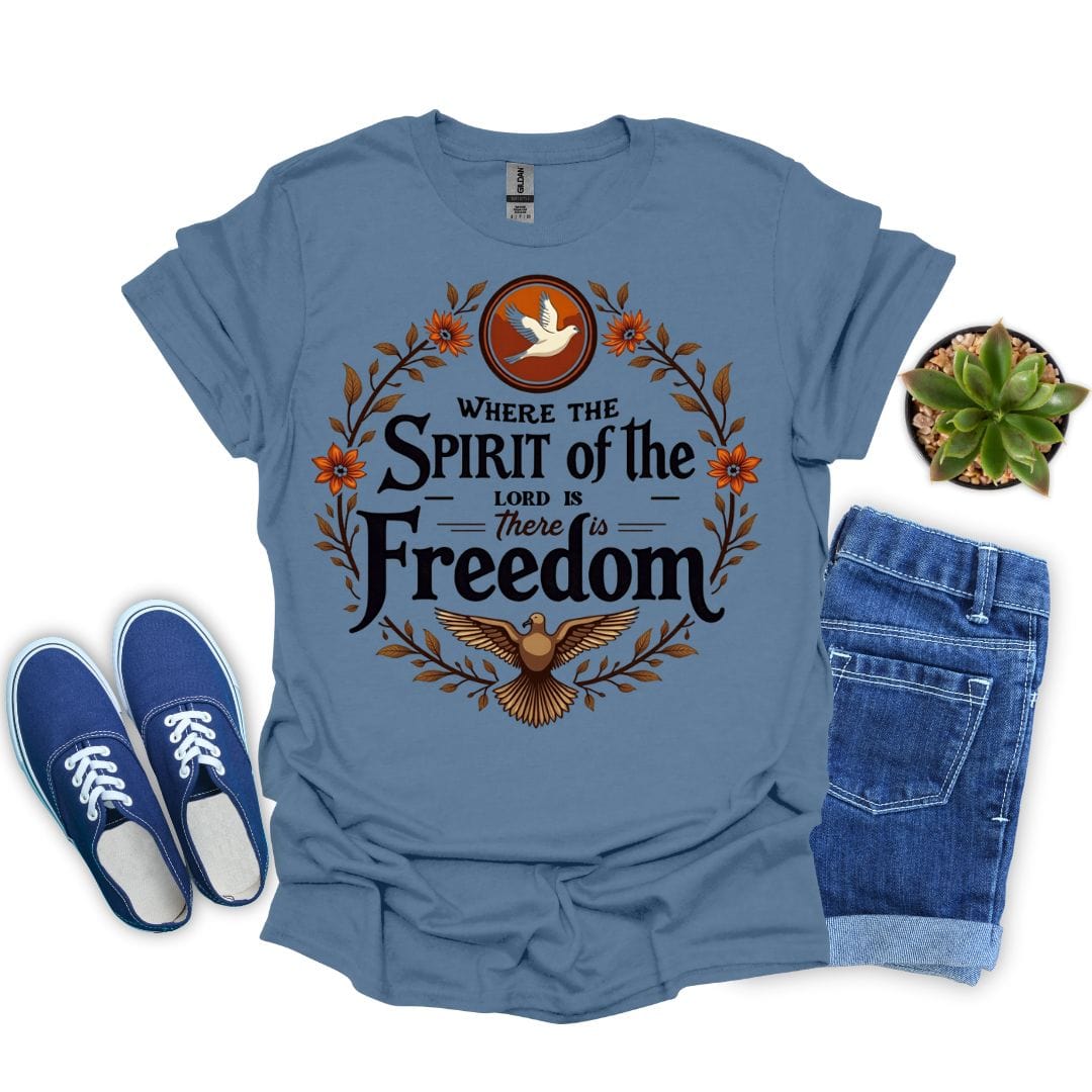Indigo blue t-shirt with 'Where the Spirit of the Lord is, there is Freedom' design, paired with blue sneakers and shorts on a white background.