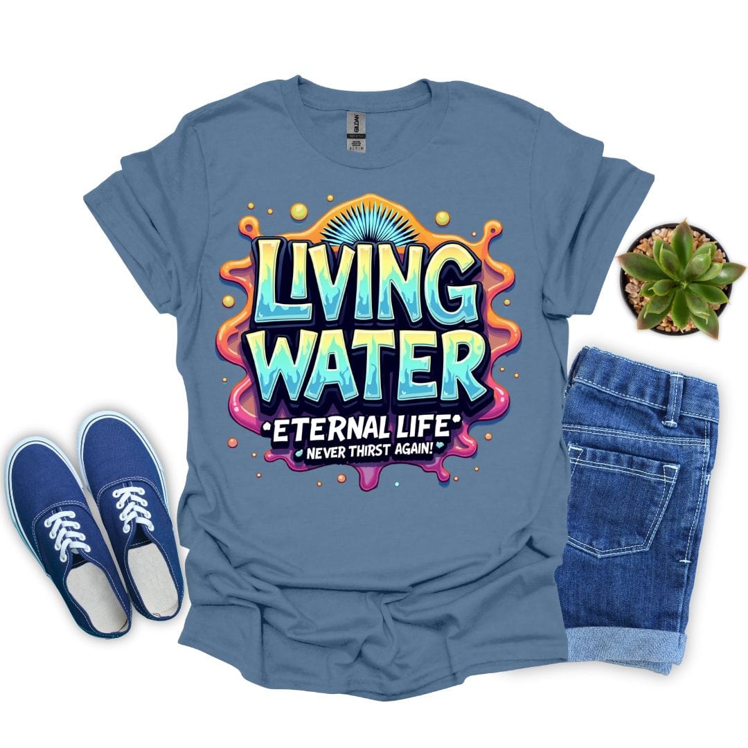 Indigo blue t-shirt with colorful 'Living Water' graphic, blue sneakers, and jeans on a white background