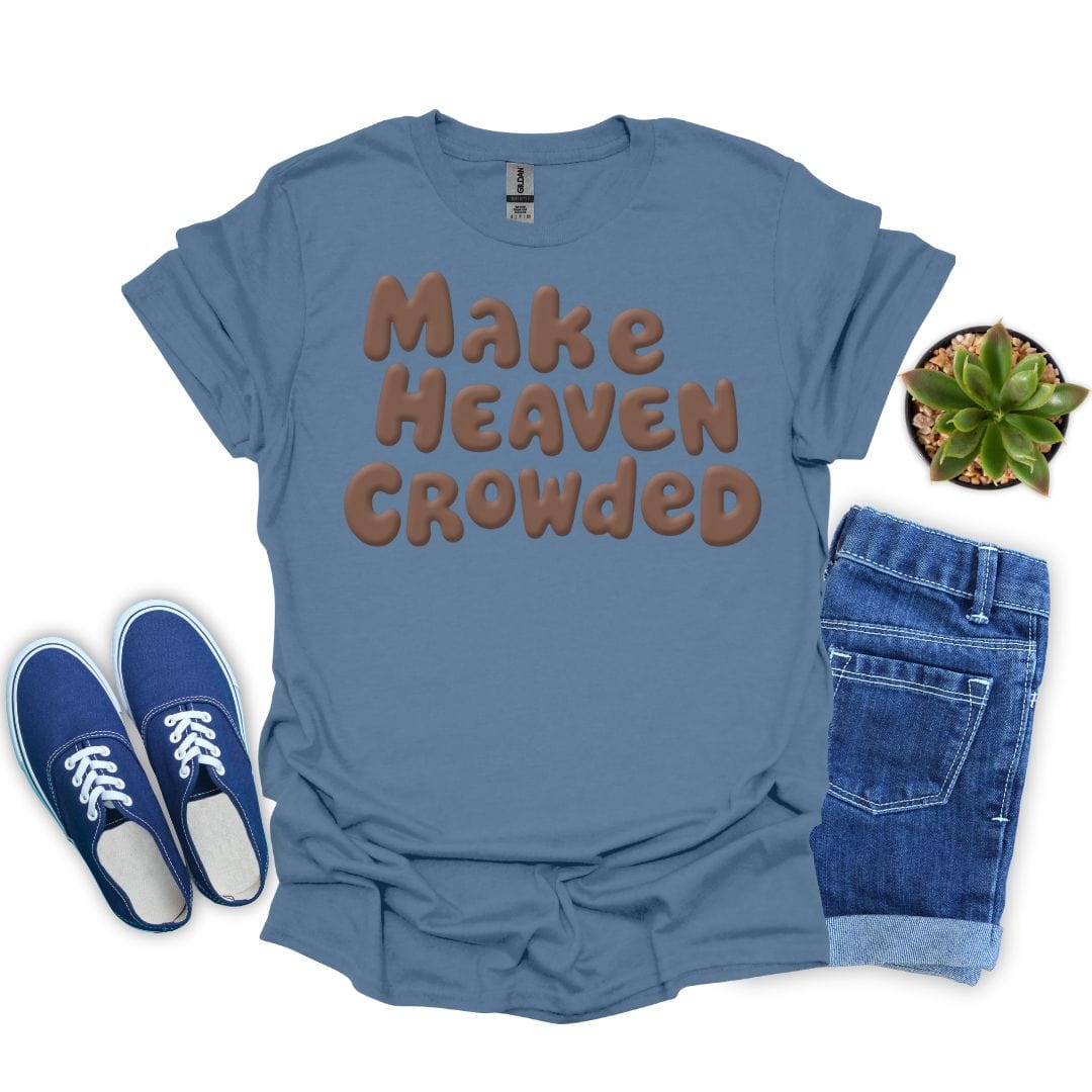 Indigo blue t-shirt with 'Make Heaven Crowded' text, blue sneakers, and denim shorts on a white background.