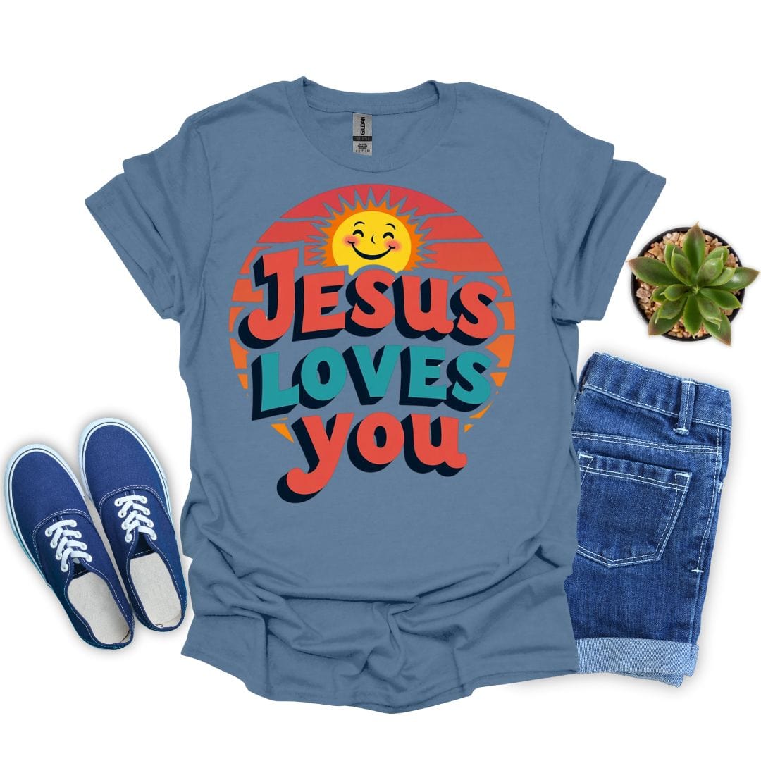 Indigo blue t-shirt with 'Jesus Loves You' design, blue sneakers, denim shorts, and a small plant on a white background.