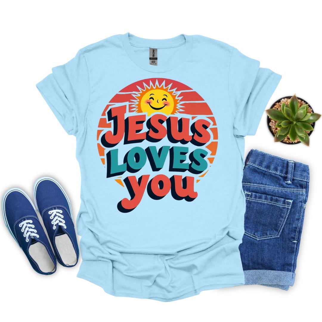 Light blue t-shirt with 'Jesus Loves You' design, paired with blue sneakers and jeans on a white background.