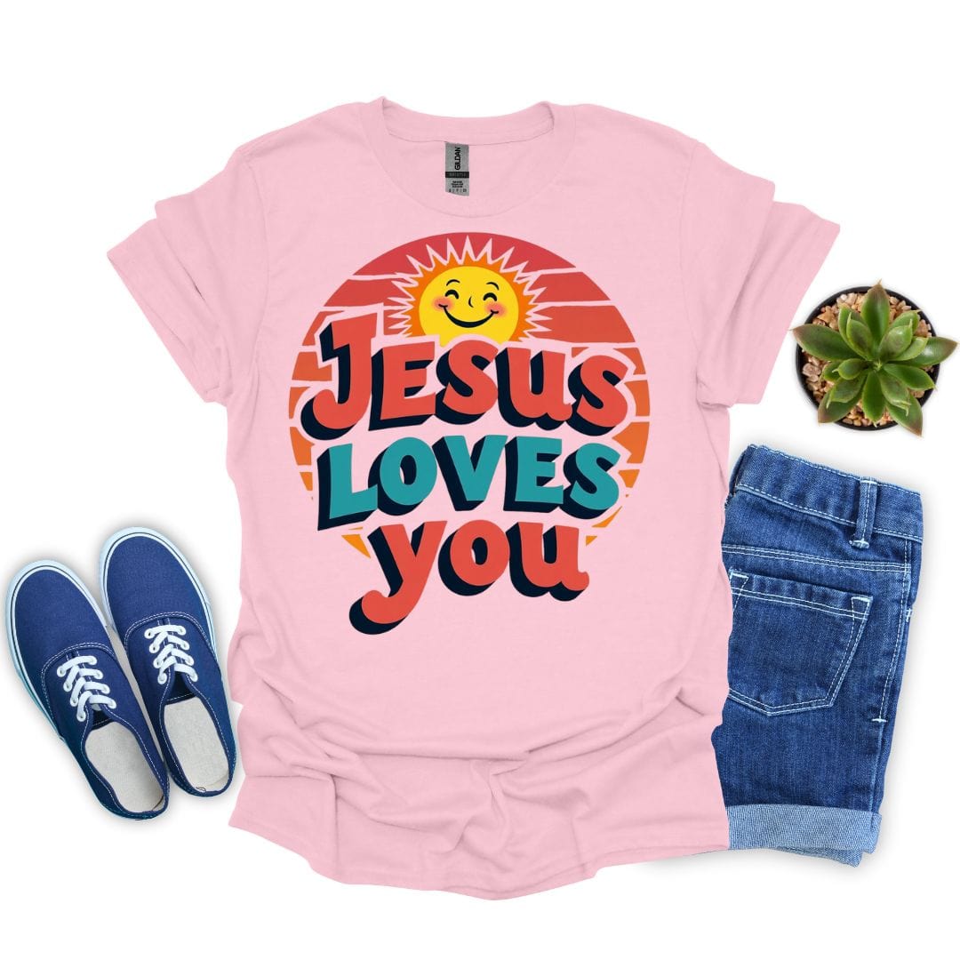 Light pink t-shirt with 'Jesus Loves You' design, blue sneakers, denim shorts, and a small plant on a white background.