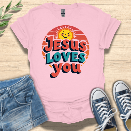 Light Pink unisex Christian T-shirt with retro stripe ‘Jesus Loves You’ design