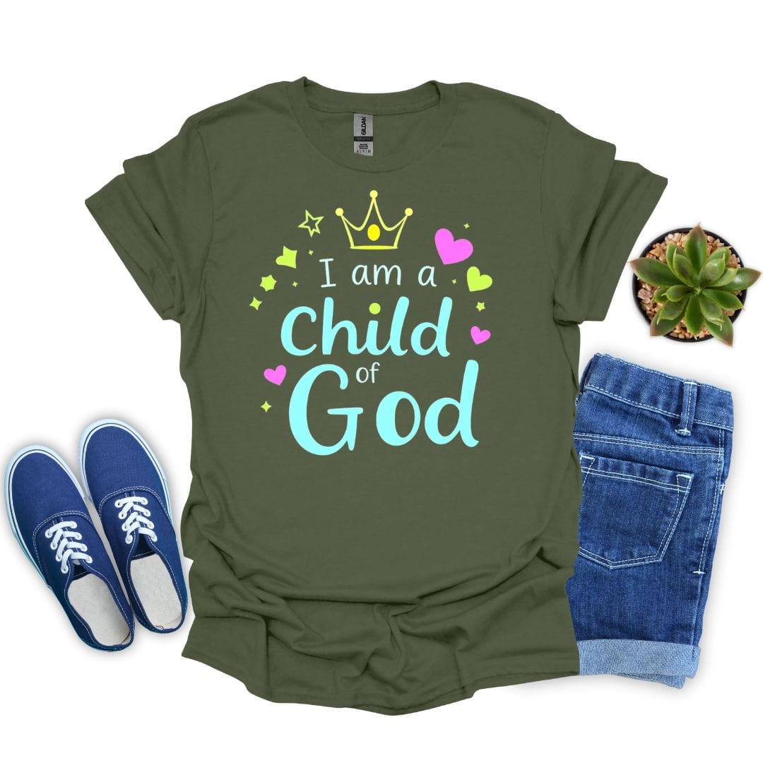 Military green t-shirt with 'I am a Child of God' text, blue sneakers, and jeans on a white background