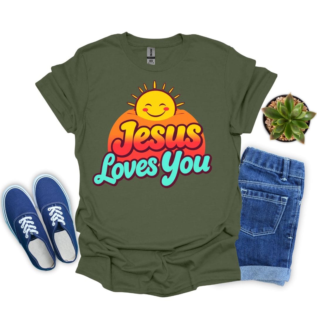 Military green t-shirt with 'Jesus Loves You' design, blue sneakers, and jeans on a white background