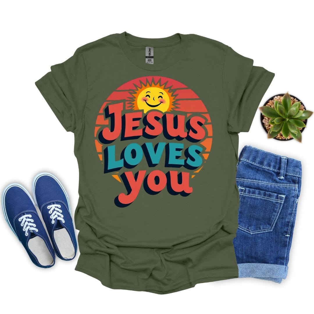 Military green t-shirt with 'Jesus Loves You' design, blue sneakers, and jeans on a white background