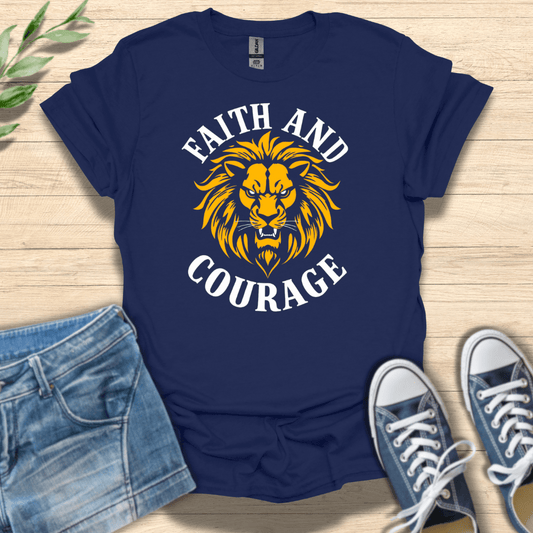 Navy Christian unisex shirt with “Faith and Courage” message and powerful lion graphic in gold