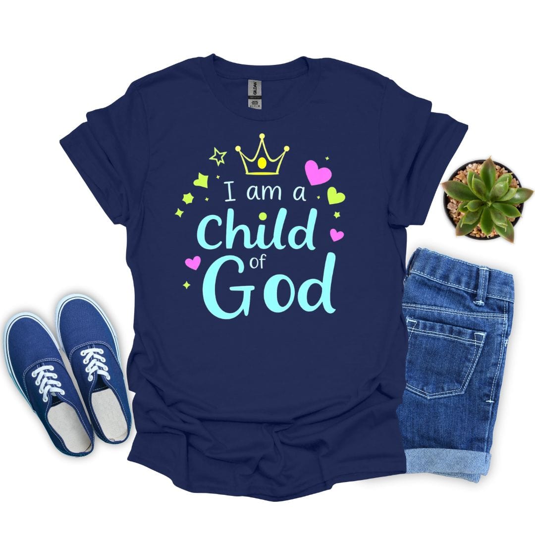 Navy blue t-shirt with 'I am a Child of God' text, paired with blue shoes and jeans on a white background.
