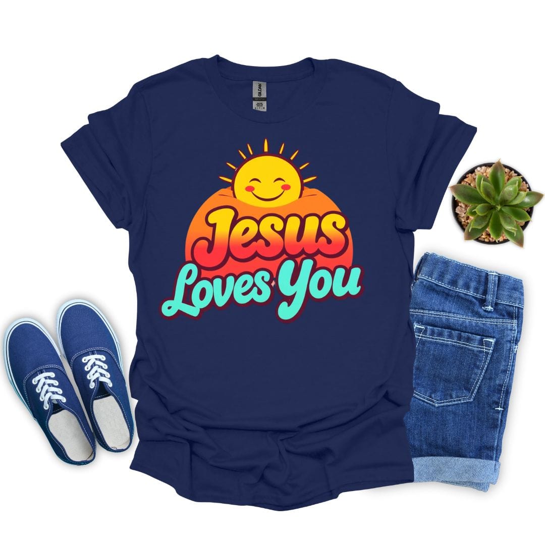 Navy blue t-shirt with 'Jesus Loves You' design, paired with blue sneakers and jeans on a white background.