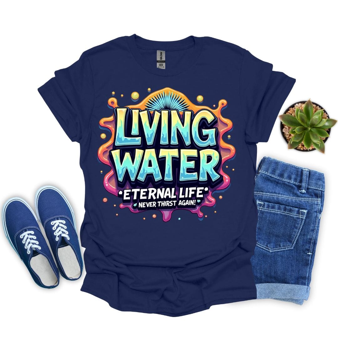 Navy blue t-shirt with colorful 'Living Water' graphic, paired with blue shoes and jeans on a white background.