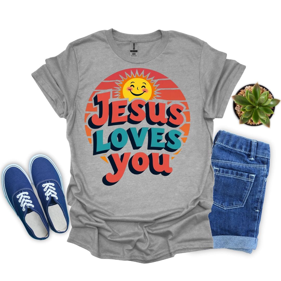 Sport gray t-shirt with 'Jesus Loves You' design, blue sneakers, and denim shorts on a white background.