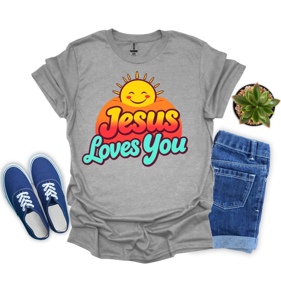 Sport gray t-shirt with 'Jesus Loves You' design, blue sneakers, denim shorts, and a small plant on a white background.