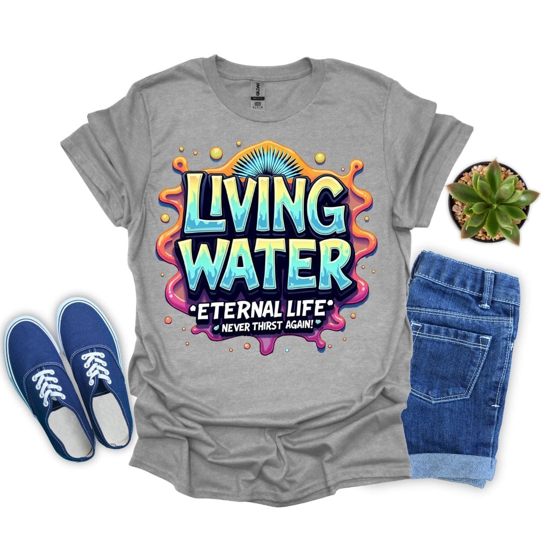Sport gray t-shirt with colorful 'Living Water' graphic, blue sneakers, and denim shorts on a white background.