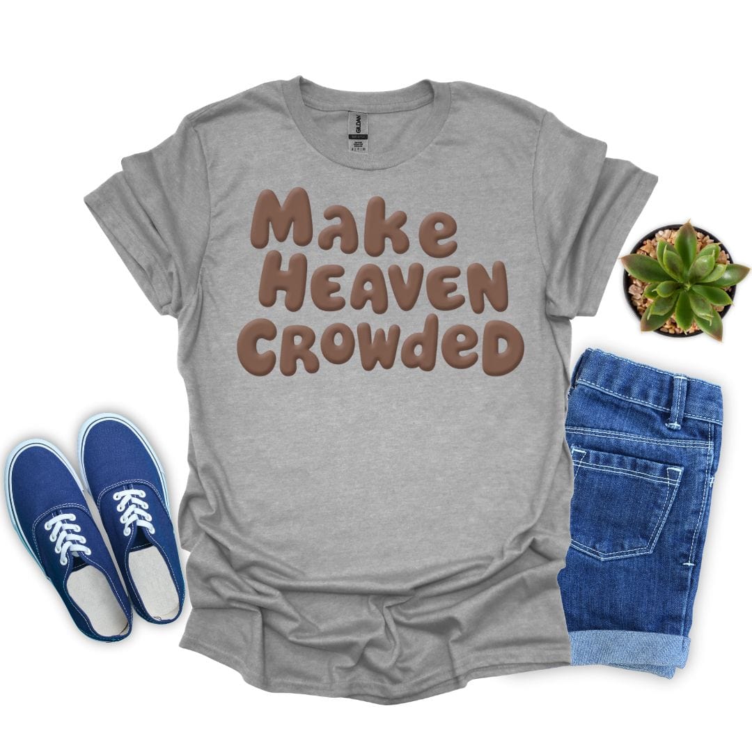 Sport gray t-shirt with 'Make Heaven Crowded' text, blue sneakers, denim shorts, and a plant on a white background