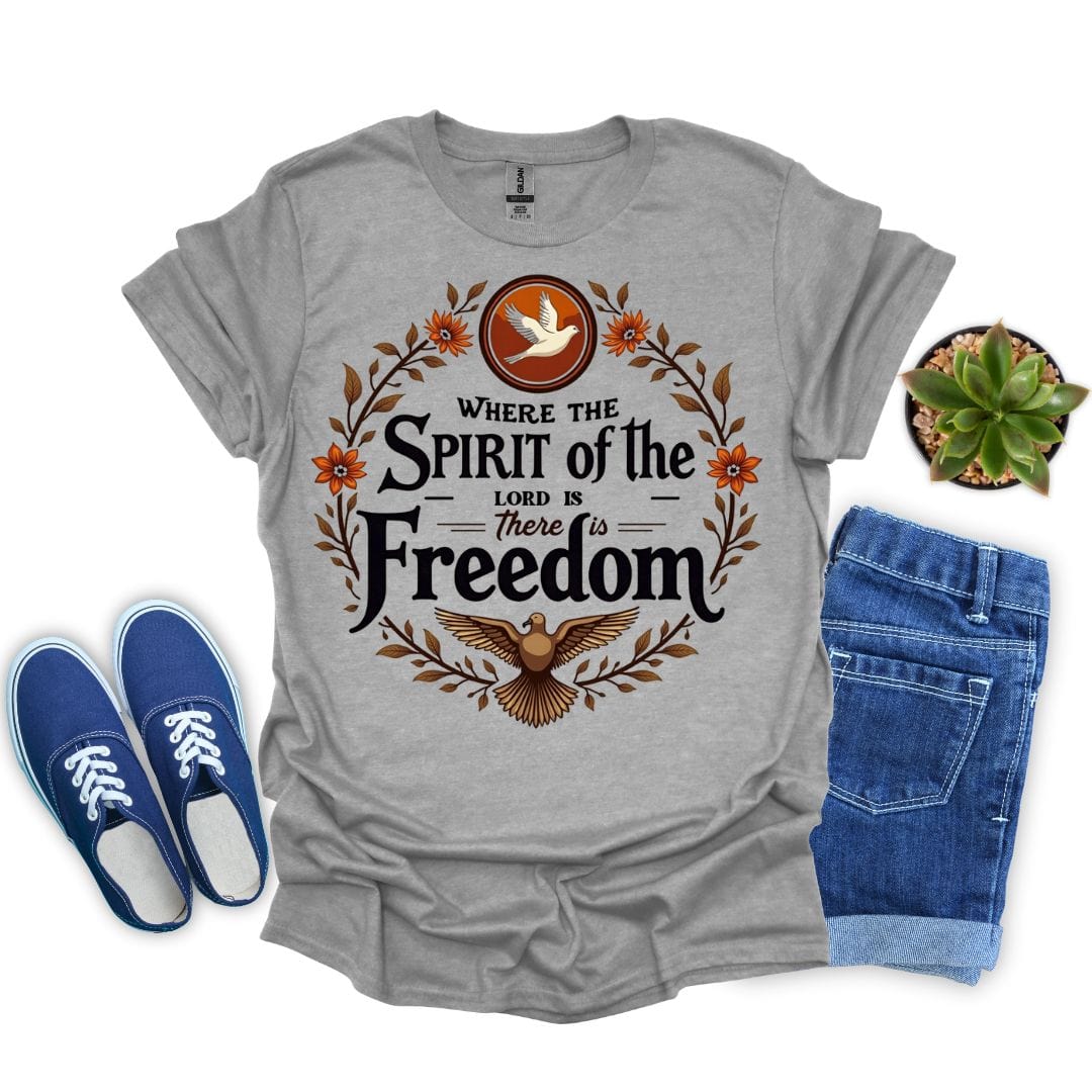 Sport gray t-shirt with 'Where the Spirit of the Lord is, there is Freedom' design, blue sneakers, and denim shorts on a white background.