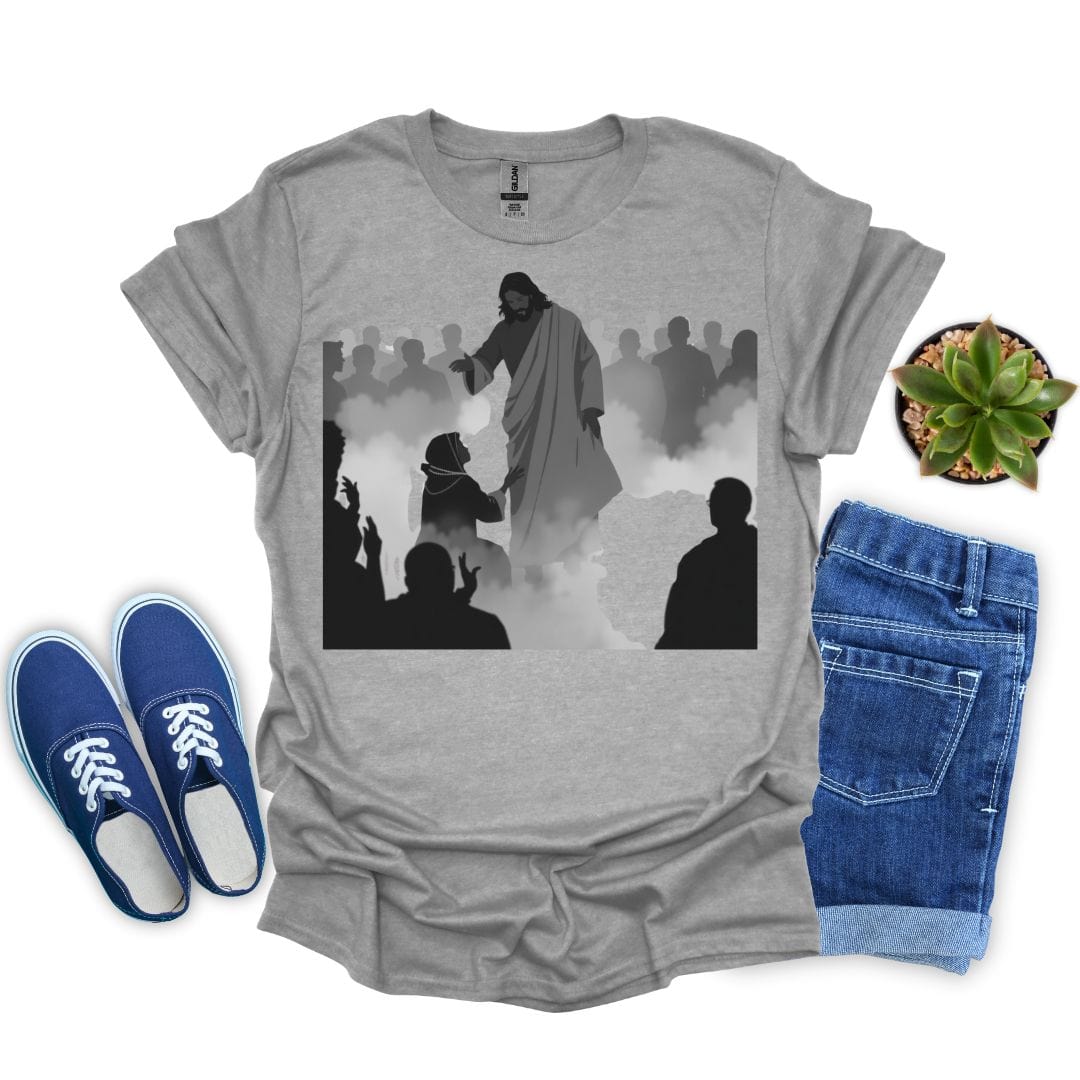 Sport grey unisex tee with grayscale Jesus illustration and reaching woman