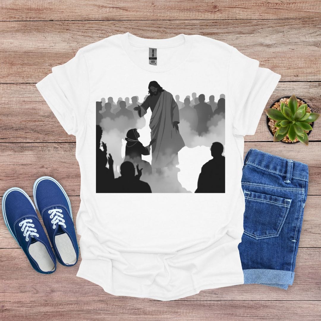 White shirt with woman reaching to Jesus among crowd and smoke