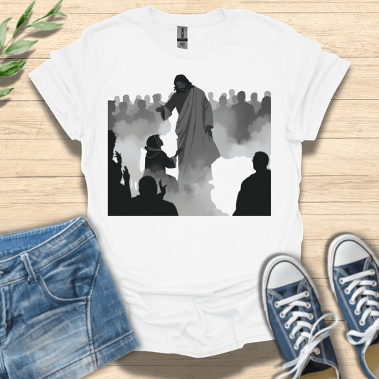 White Christian unisex shirt featuring the woman who touched Jesus